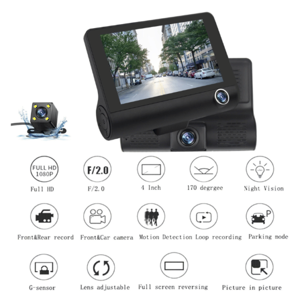 2- Car DVR 4" 3 Lens Dash Cam Front and Rear Video Recorder Camera G-sensor 1080P - Image 3